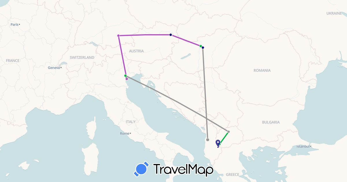 TravelMap itinerary: driving, bus, plane, train in Albania, Austria, Germany, Hungary, Italy, Macedonia (Europe)