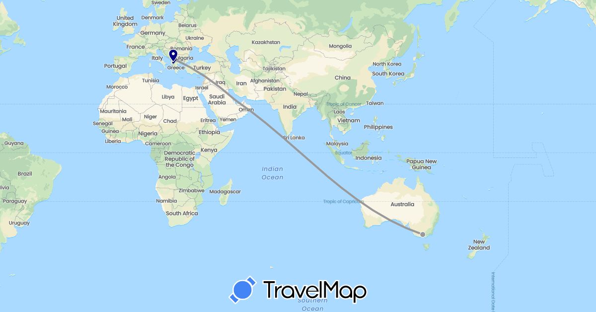 TravelMap itinerary: driving, plane in Albania, Australia, Macedonia, Qatar (Asia, Europe, Oceania)