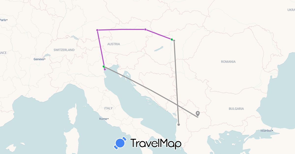 TravelMap itinerary: driving, bus, plane, train in Albania, Austria, Germany, Hungary, Italy, Macedonia (Europe)